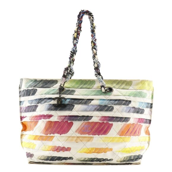 CHANEL Handbags - CHANEL White Canvas Logo Tote Bag